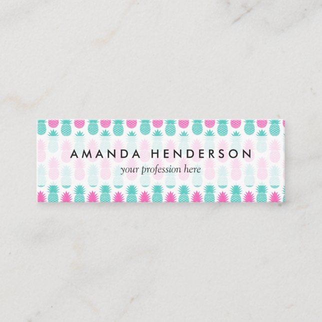 Girly Pink Teal Tropical Pineapple Pattern Mini Business Card (Front)