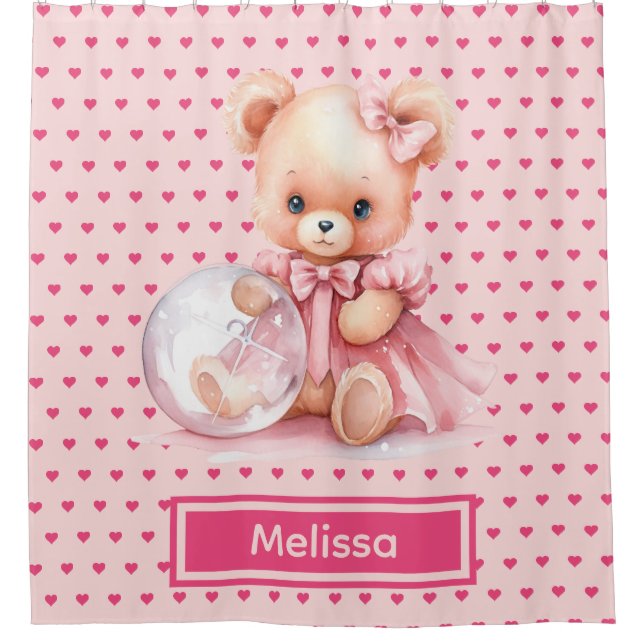 Girly Pink Teddy Bear Monogram Shower Curtains (Front)