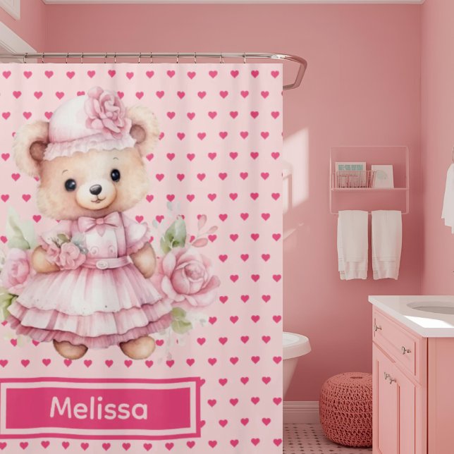 Girly Pink Teddy Bear Monogram Shower Curtains (Creator Uploaded)