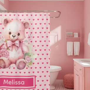 Girly Pink Teddy Bear Monogram Shower Curtains