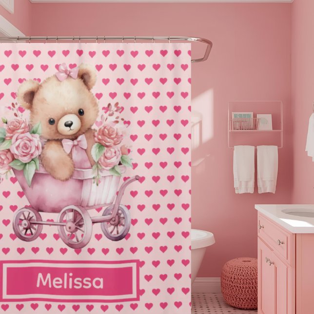 Girly Pink Teddy Bear Monogram Shower Curtains (Creator Uploaded)
