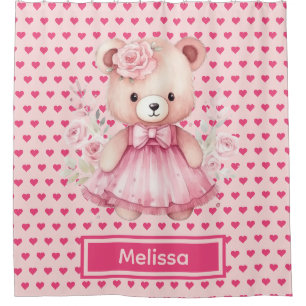 Girly Pink Teddy Bear Monogram Shower Curtains