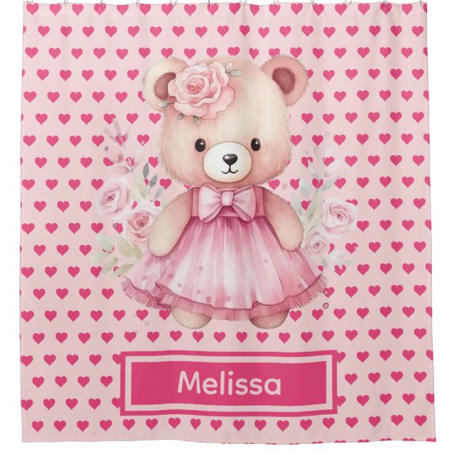 Girly Pink Teddy Bear Monogram Shower Curtains (Front)