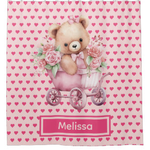 Girly Pink Teddy Bear Monogram Shower Curtains