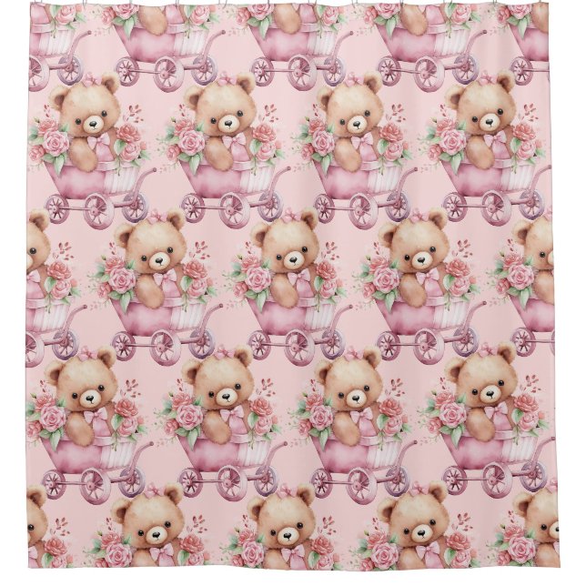 Girly Pink Teddy Bear Shower Curtains (Front)