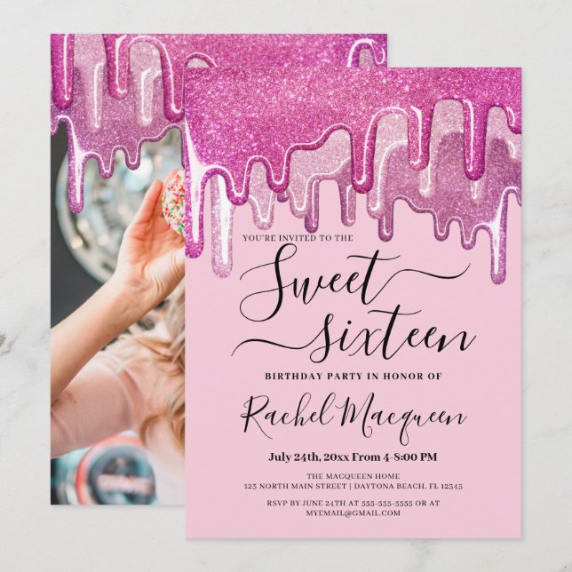 Girly Pink Thick Glitter Drips Photo Sweet 16 Invitation (Front/Back)