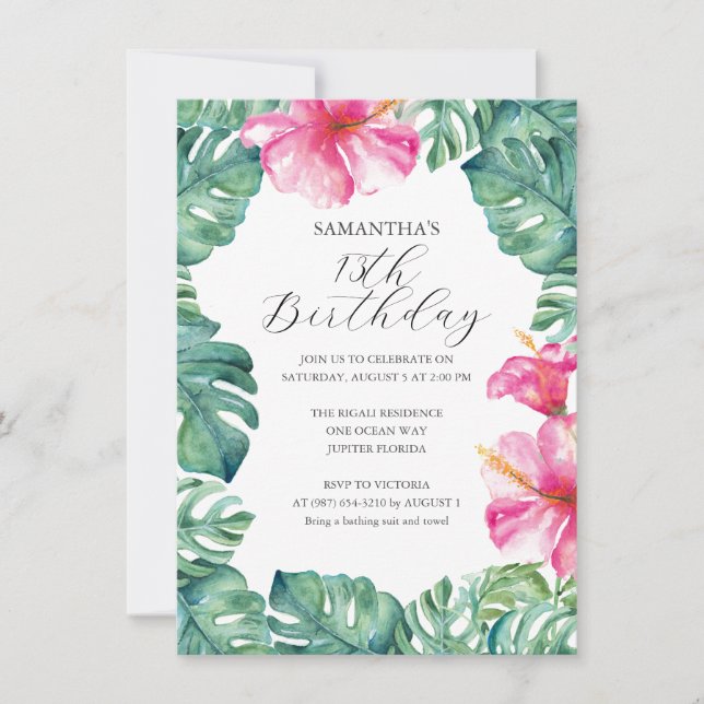 Girly Pink Tropical 13th Birthday Invite (Front)