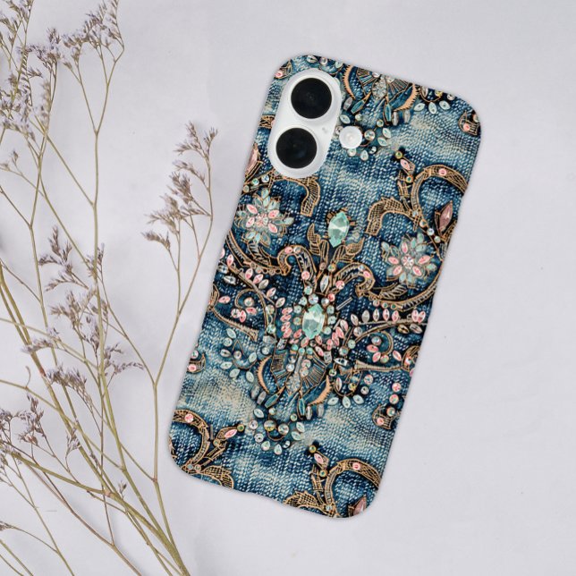 Girly Pink Turquoise Stone Blue Denim  Case-Mate iPhone Case (Creator Uploaded)