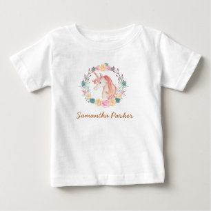 Girly Pink Unicorn Floral Greenery  Baby T-Shirt