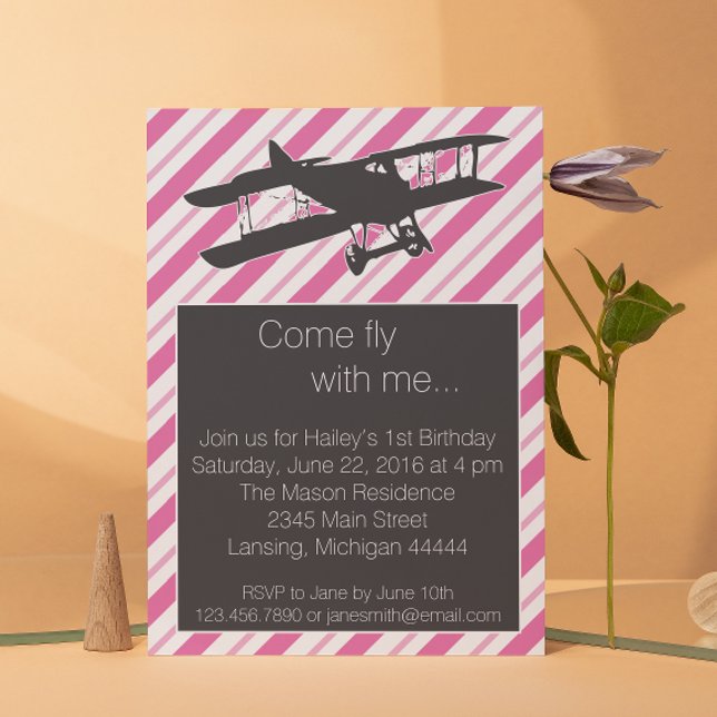 Girly Pink Vintage Airplane Birthday Invite (Creator Uploaded)