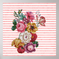 Girly Pink Vintage Stripes Colourful Roses