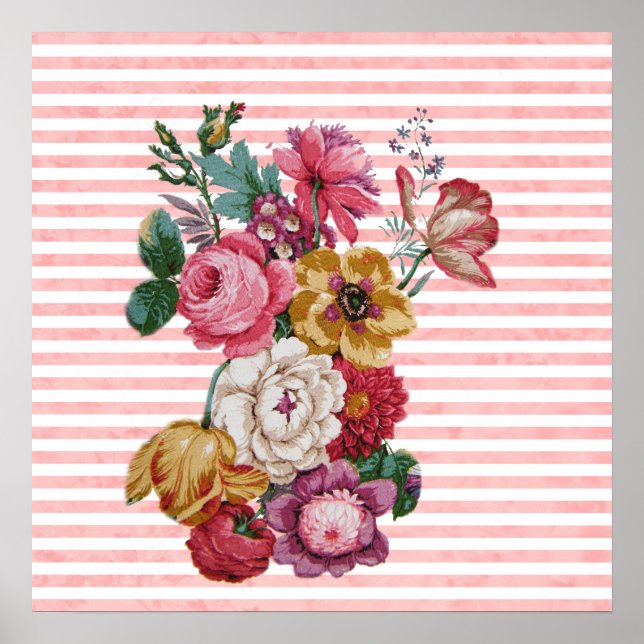 Girly Pink Vintage Stripes Colourful Roses Poster (Front)