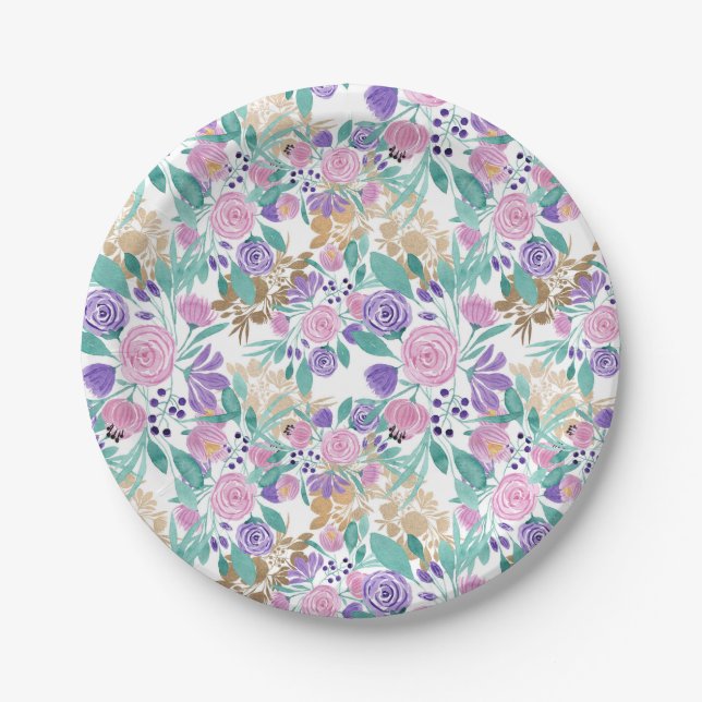Girly Pink Violet Purple Gold Watercolor Flowers Paper Plate (Front)