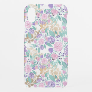 Girly Pink Violet Purple Gold Watercolor Flowers iPhone XR Case