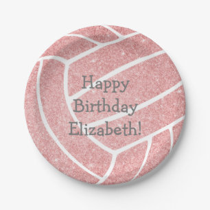 girly pink volleyball birthday party paper plate