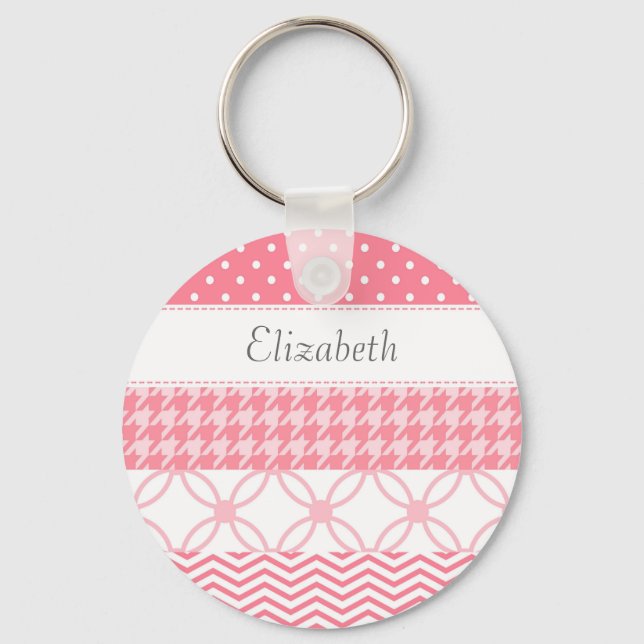 Girly Pink Washi Tape Geometric Pattern With Name Keychain (Front)