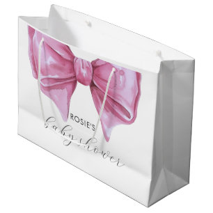 Girly Pink Watercolor Bow Baby Shower Large Gift Bag