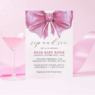Girly Pink Watercolor Bow Baby Shower Sip and See Invitation