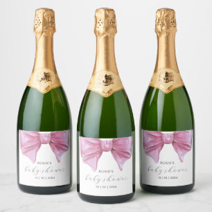 Girly Pink Watercolor Bow Baby Shower Sparkling Wine Label