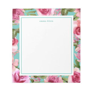 Girly Pink Watercolor Flowers Blue Name Notepad