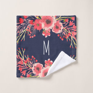 Girly Pink Watercolor Flowers & Navy Blue Bath Towel Set