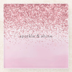 Girly Pink Watercolor Glitzy Sparkle Glitter Glass Coaster
