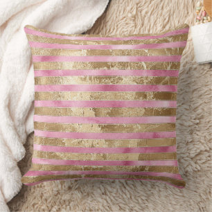 Girly Pink Watercolor Gold Glam Stripes Throw Pillow