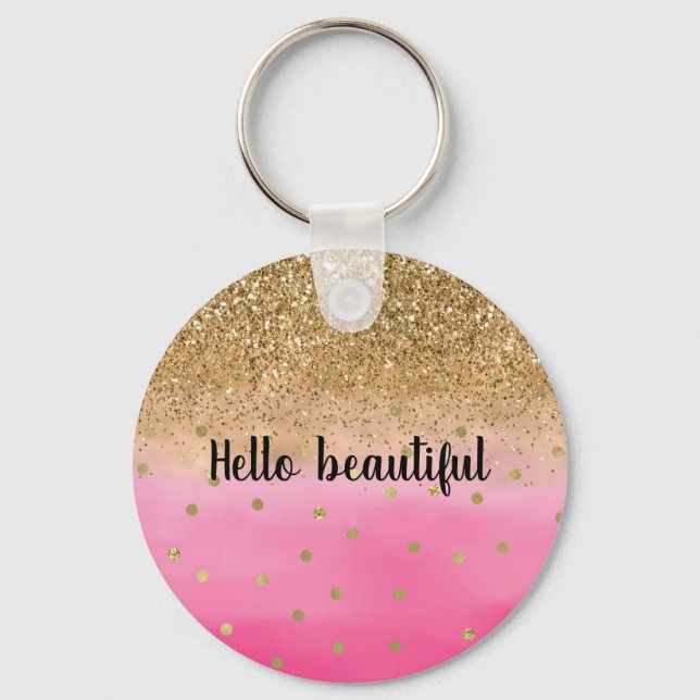 Girly Pink Watercolor Gold Glitter Glitz Confetti Keychain (Front)