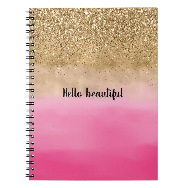 Girly Pink Watercolor Gold Glitter Glitz Confetti Notebook (Front)
