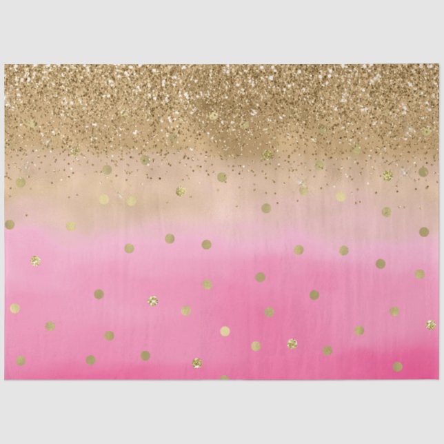 Girly Pink Watercolor Gold Glitter Glitz Confetti Tissue Paper (Front)