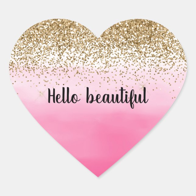 Girly Pink Watercolor Gold Glitter Heart Sticker (Front)