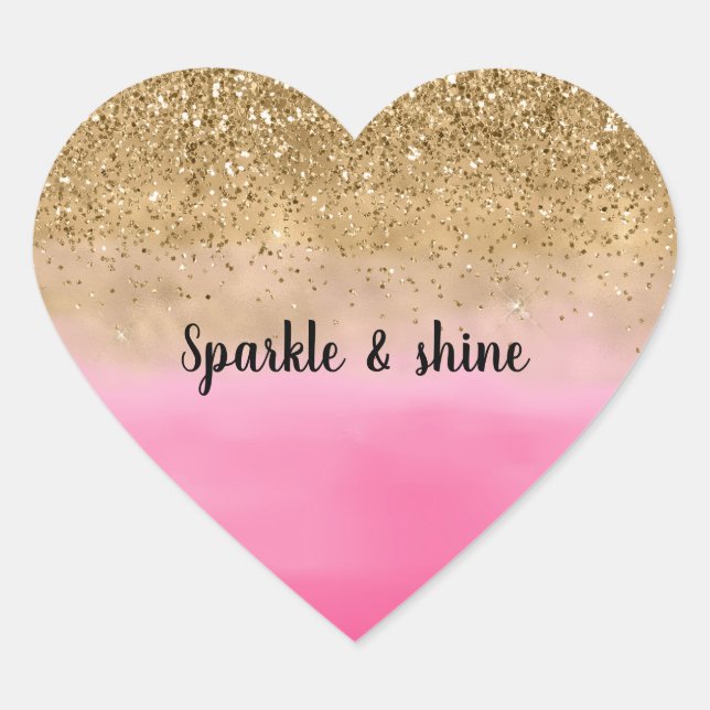 Girly Pink Watercolor Gold Glitter Heart Sticker (Front)