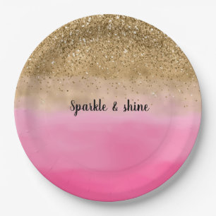 Girly Pink Watercolor Gold Glitter Paper Plate