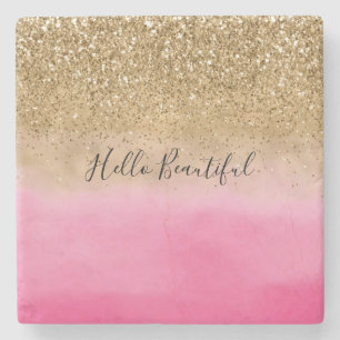Girly Pink Watercolor Gold Glitter Stone Coaster