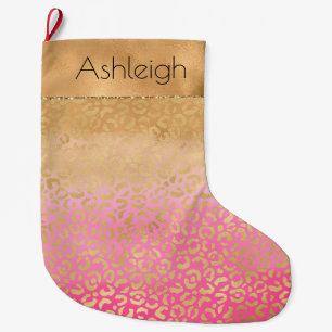 Girly Pink Watercolor Gold Leopard Print Large Christmas Stocking