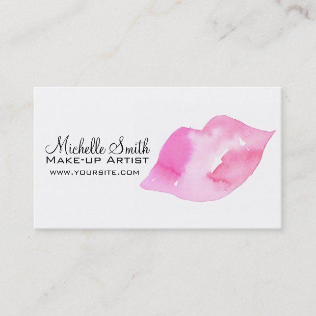 Girly Pink Watercolor Lips Makeup Artist Beauty  Business Card (Front)