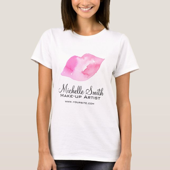 Girly Pink Watercolor Lips Makeup Artist Beauty  T-Shirt (Front)