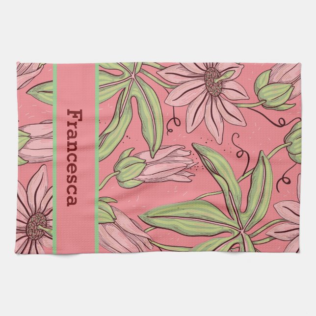 Girly Pink Watercolor Pressed Flowers Pattern Name Kitchen Towel (Horizontal)