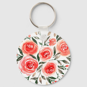 Girly Pink Watercolor Roses Illustration Keychain