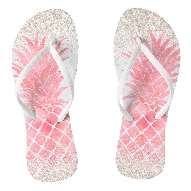 Girly Pink Watercolor Tropical Pineapple Flip Flops (Footbed)