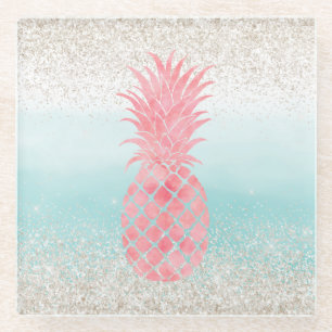 Girly Pink Watercolor Tropical Pineapple Glass Coaster