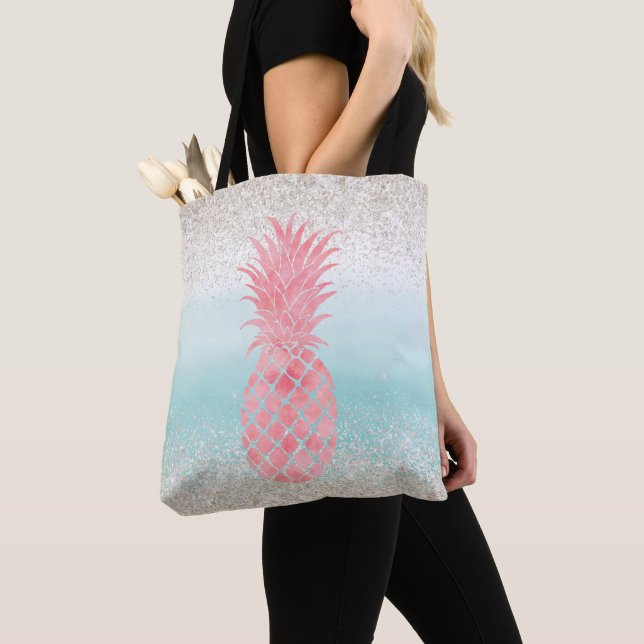 Girly Pink Watercolor Tropical Pineapple Tote Bag (Close Up)