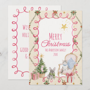Girly Pink Whimsical Cute Puppy Kitten Christmas Holiday Card