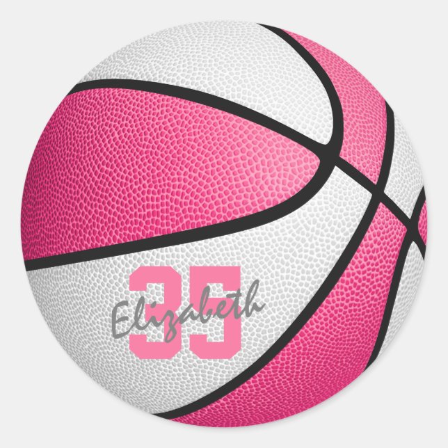 girly pink white basketball classic round sticker (Front)