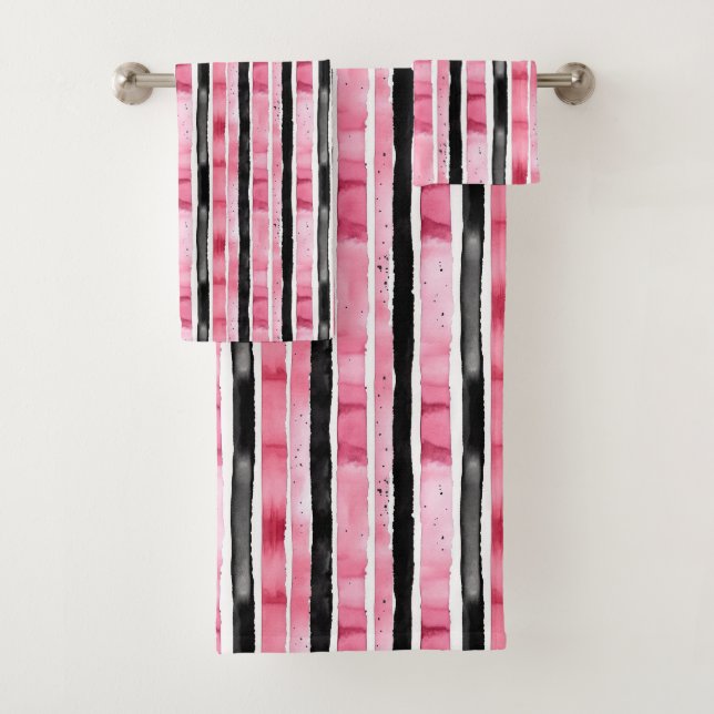 Girly Pink White Black Stripes Bath Towel Set (Insitu)