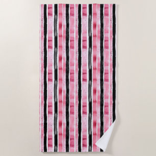 Girly Pink White Black Stripes Beach Towel