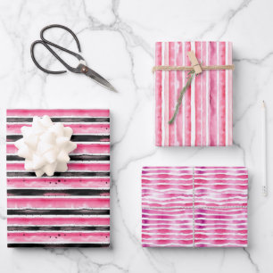 Girly Pink White Black Stripes Birthday Wrapping Paper Sheet