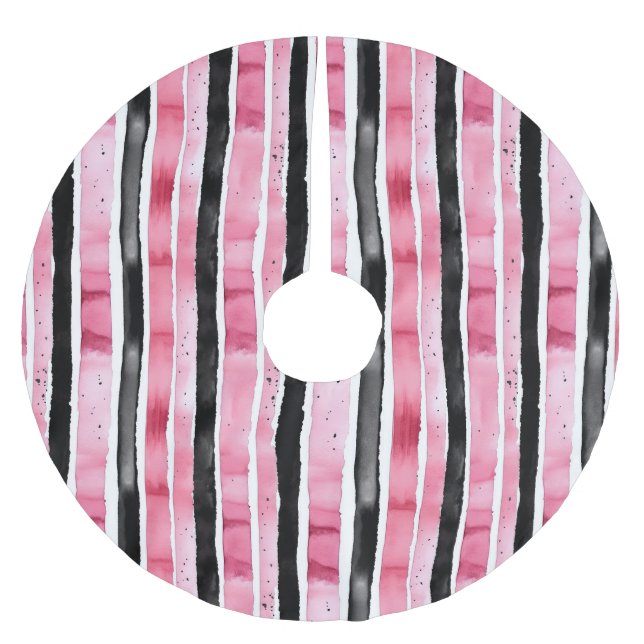 Girly Pink White Black Stripes Brushed Polyester Tree Skirt (Front)