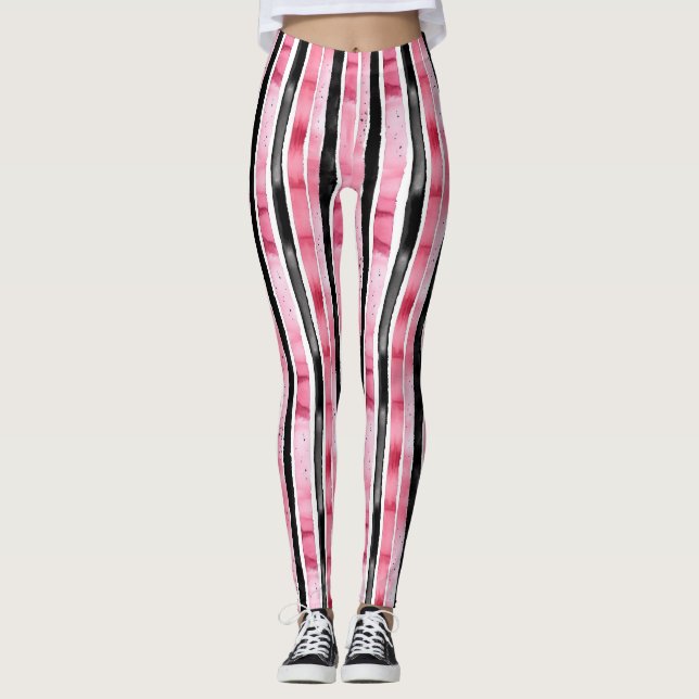 Girly Pink White Black Stripes Leggings (Front)