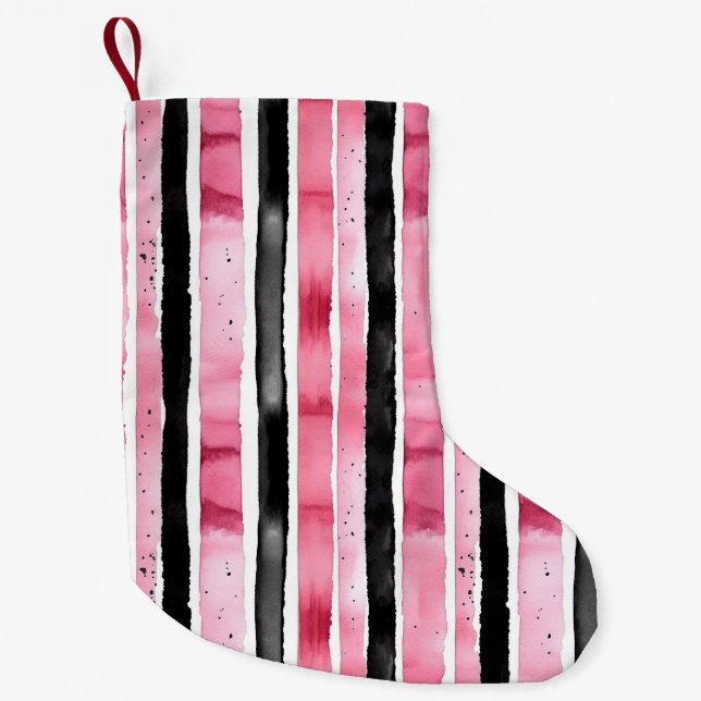 Girly Pink White Black Stripes Small Christmas Stocking (Front)